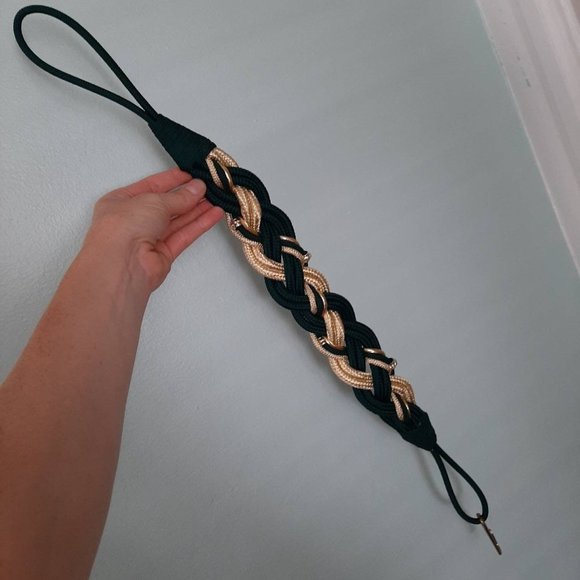 Vtg 80s Green & Gold Braided Rope Belt with Fish Hook Buckle, Fits 28" Waist - Picture 8 of 8